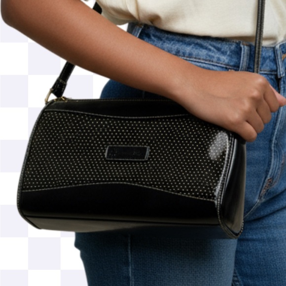 Dooney & Bourke All Leather Black & Gold Polka Dot Design Crossb… - Picture 1 of 15